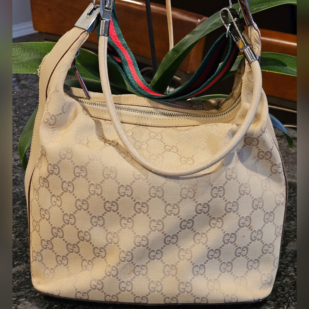 Gucci Beige Monogram Bag with Green and Red Straps